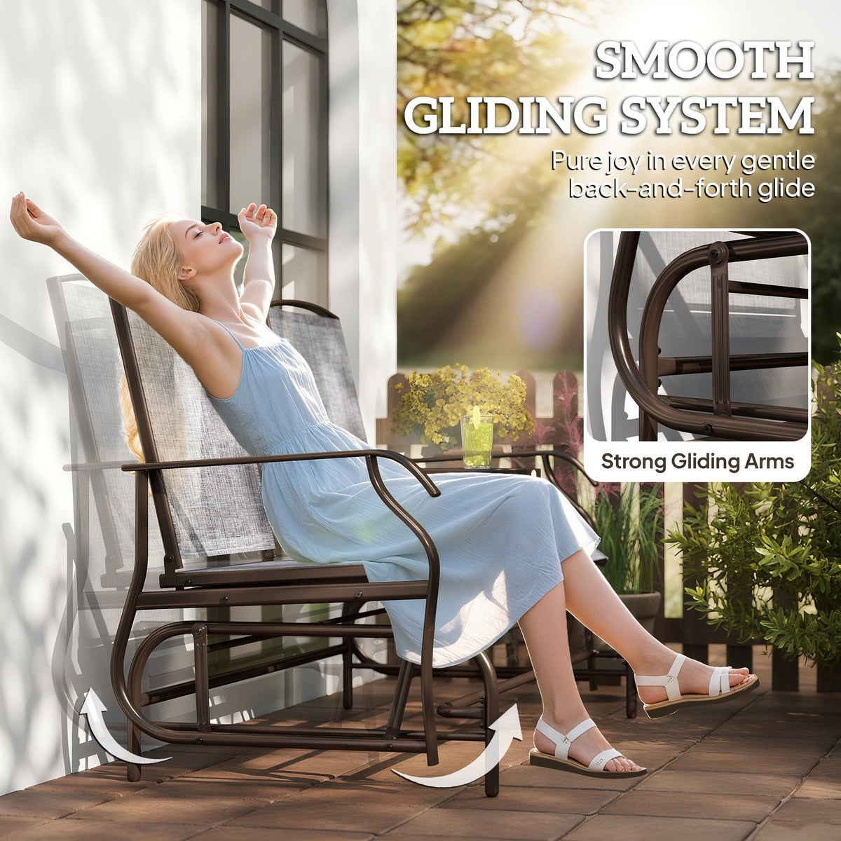 2-Seat Outdoor Glider Swing, Center Coffee Table and Independent Chairs, Supports Up to 352 lbs., Loveseat with Breathable Sling for Backyard, Garden, and Porch, Brown