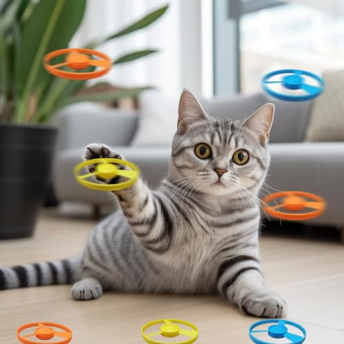 Cat Fetch Toy, Interactive Flying Cat Toy with 20 Flying Propellers, Kitten Tracks Toy for Training Hunting Chasing(Yellow) - color: Yellow+ 20 Propellers
