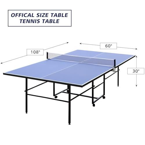 IUNNDS Portable Table Tennis Table 6/8/8.5/9FT Foldable Ping Pong Game Set for Indoor with Net and Post Set, 2 Paddles and 3 Balls - color: Blue-9FT