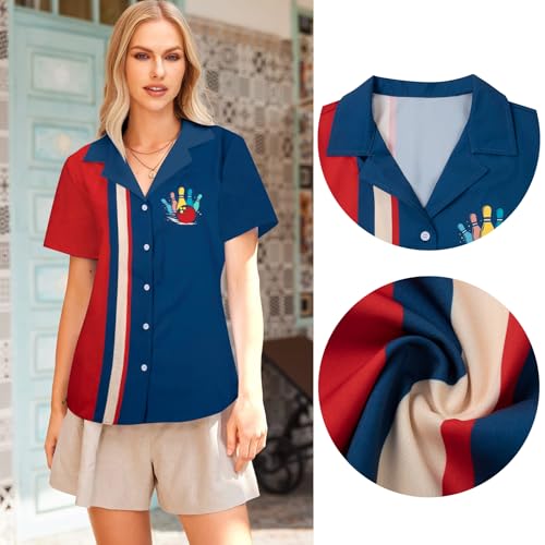 Bowling Shirts Women Hawaiian Bowling Shirt Bowling Lover Gift Tops Bowler Button Down Short Sleeve Tee - color: Blue-1, size: Medium