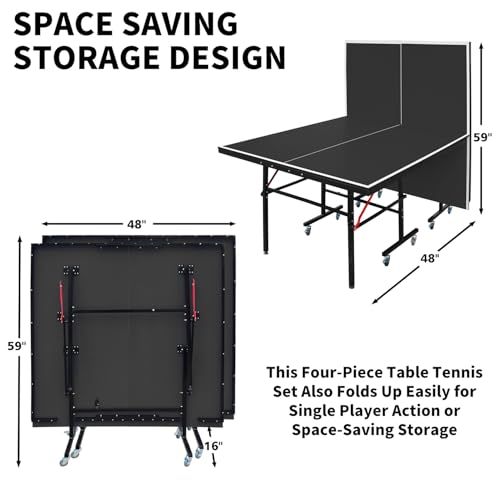 GOWE 8ft Black Mid-Size Table Tennis Table Foldable & Portable Ping Pong Table Set for Indoor Games with Net, 2 Table Tennis Paddles and 3 Balls