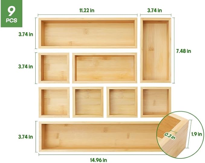 Bamboo Drawer Organizer Set, 9 PCS Multi-Use Individual Wood Storage Organizers, Junk Drawer Divider and Storage Trays Containers for Kitchen, Bathroom, Office Desk, Makeup, Jewelry, Utensils