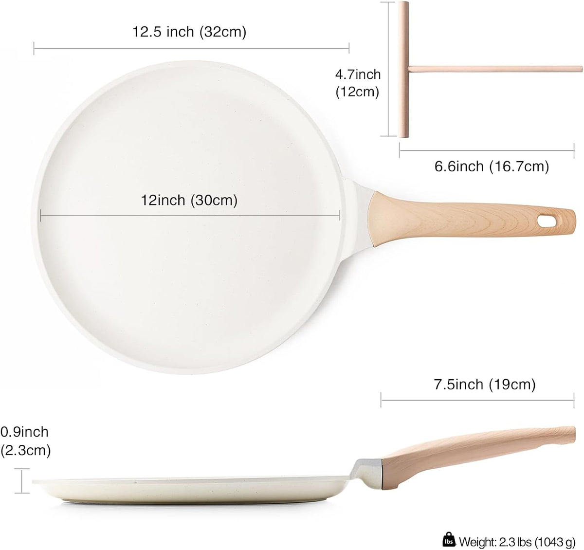 Crepe Pan Nonstick, 12 Inch Healthy Coating Comales para Tortillas Dosa Pan with Spreader, Induction Compatible, PFOA Free (White)