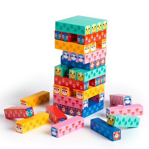 Mudpuppy Wild Wobble! – Colorful Wooden Tumbling Tower Game, 4 Across, Great for Small Hands, Ages 3+