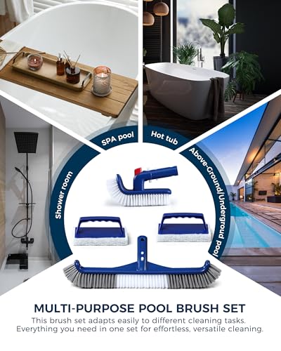 3-in-1 Full-Coverage Pool Brush Head Set - Includes 17.5" Long Brush, Rotatable Handheld/Extension Pole Brush, Sponge Brush, Durable Scrubber Brush Set for Pool Floors/Corners/Steps