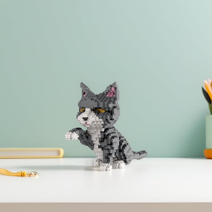 Larcele Cat Mini Building Blocks Animal Set, DIY Micro 3D Building Toy Bricks,1300 Pieces KLJM-05(Grey and White Cat)
