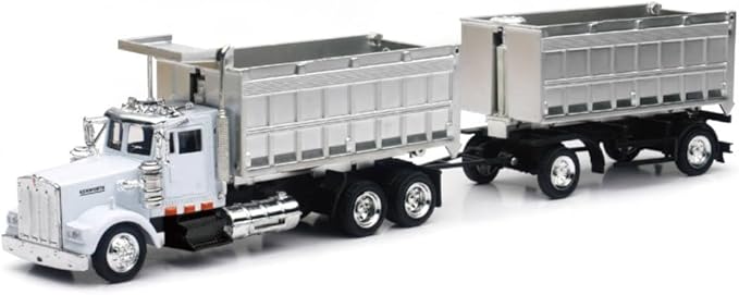 Kenworth W900 Double Dump Truck with Trailer in Red and Chrome, cab is die-cast Metal, Balance is high Impact Plastic,unisex-children
