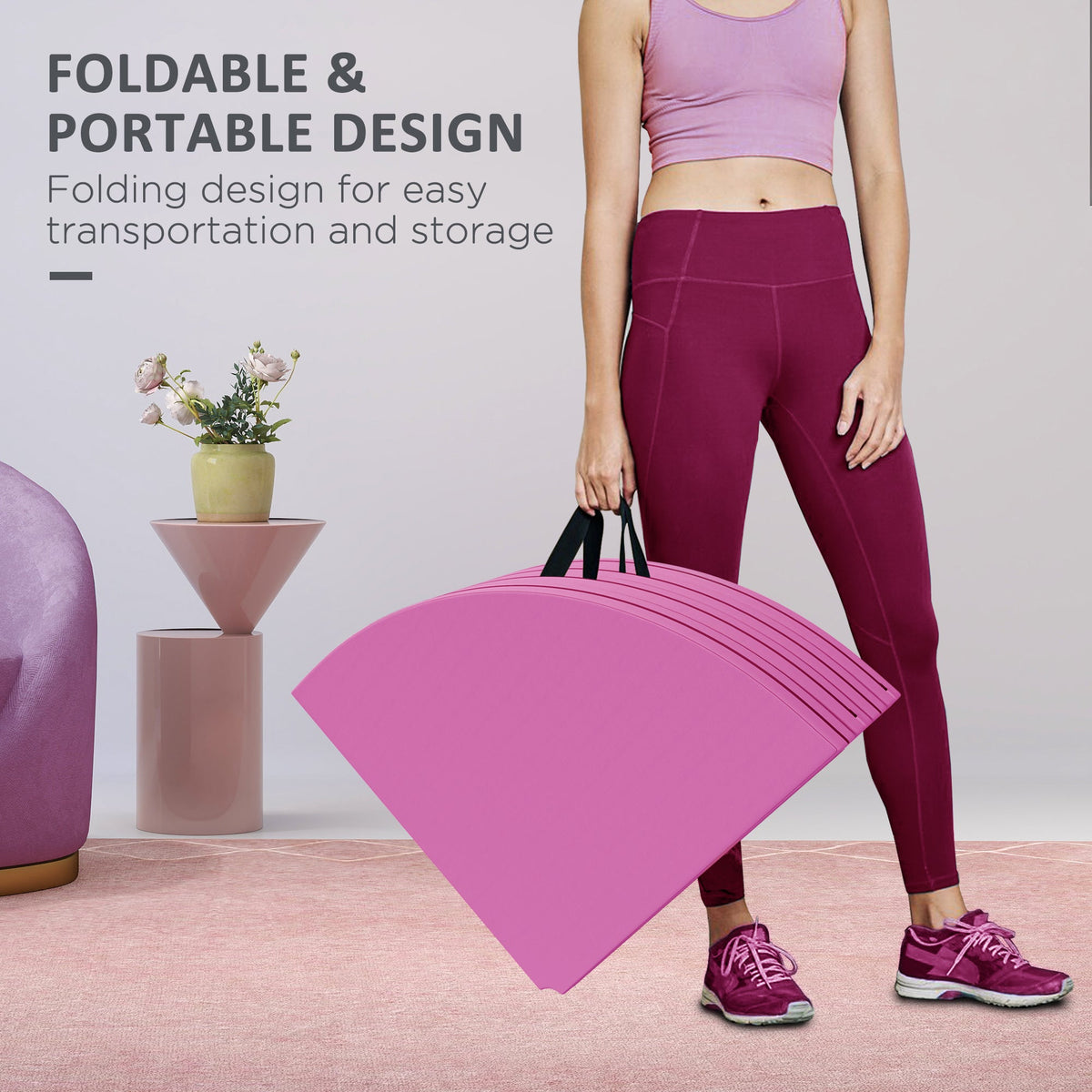 Foldable Crash Mat, Pole Padding with Carrying Handles and EPE Foam for Dance Training and Exercise, Pink