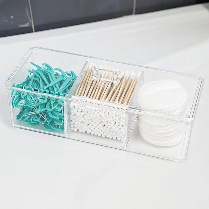 Clear Bathroom Dresser Organizer - Cotton Ball Swab Holder with 3 Divided Compartments&Lid, , Waterproof Transparent Small Plastic Storage Containers, Vanity Makeup Organization