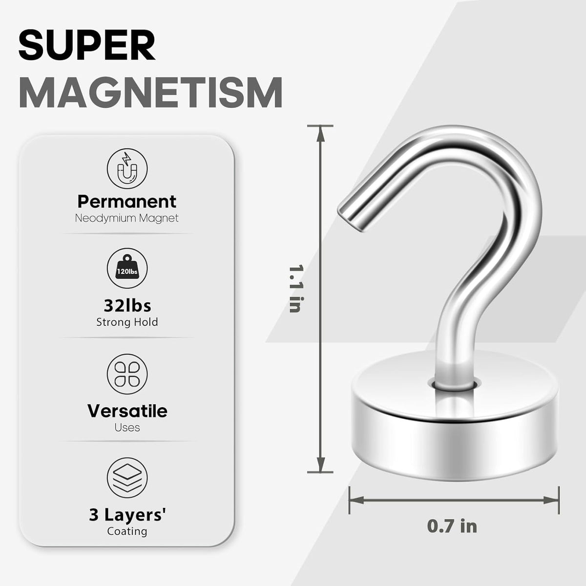 Neosmuk Magnetic Hooks, Cruise Ship Essentials, 30lb+ Heavy Duty Magnetic Hooks for Cruise Cabins, Refrigerator, Grill, Hanging, and Travel | Extra Strong Must-Haves Magnet Hook,Silver,Pack of 10