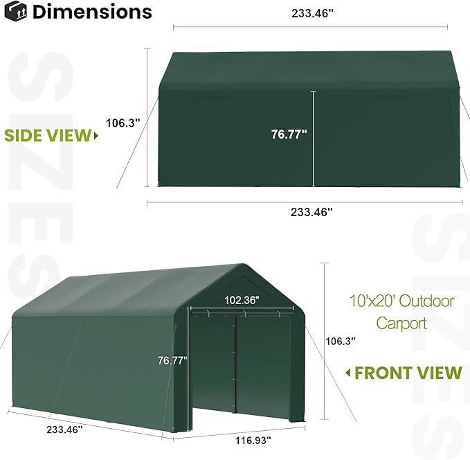 GOJOOASIS 10x20 Carport Heavy Duty Portable Garage Shelter Metal Car Canopy Tent with UV-Resistant & Weatherproof Top Cover for RV & Vehicles (Green, 10x20 with sidewalls)