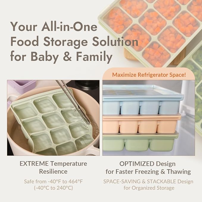 Baby Food Storage Silicone Cubes with Clip-On Lid Freezer Tray Baby Food Soups Purees Ice Safe Design Made in Korea (20cubes 0.8oz, Celadon Green Set of 2)