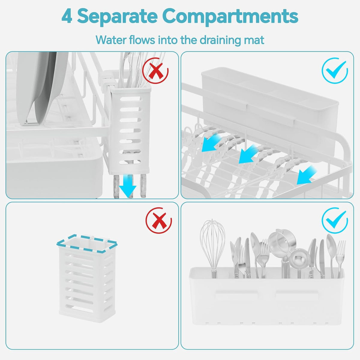 Dish Drying Rack Kitchen - Dish Racks for Kitchen Counter Space-Saving, Dish Drainer with Automatic Drain and Adjustable Spout, Dishwasher Rack with Cutlery Holder, Easy to Install, White