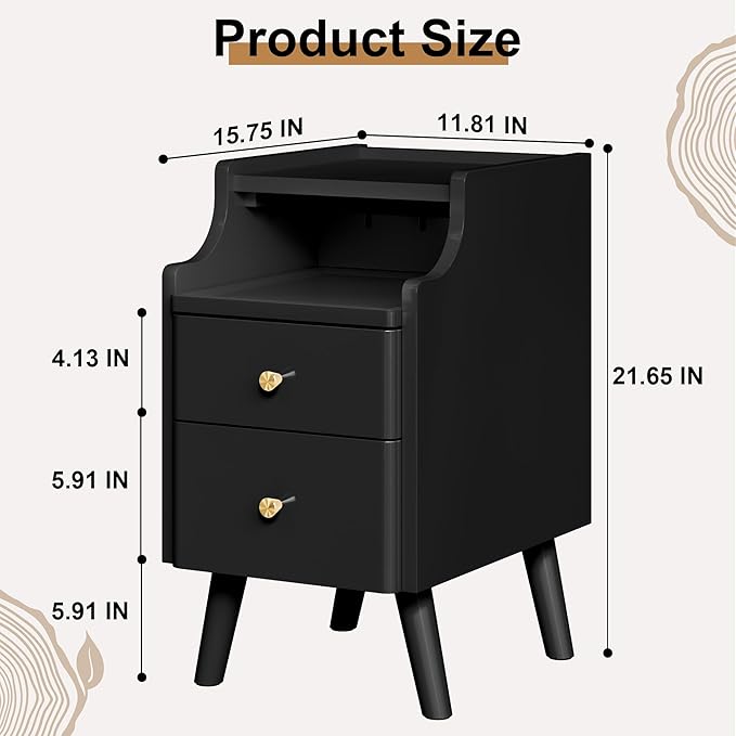 Narrow Nightstand, Solid Wood Night Stand with 2 Drawers, White Mid Century Modern Nightstand, Small Beside Table with Open Storage Shelf for Bedroom(12 inch