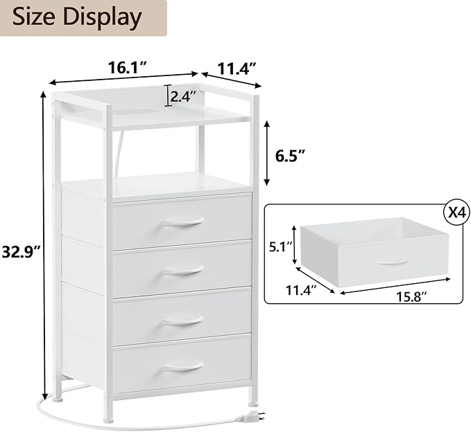 Furnulem White Nightstand with Charging Station, Night Stand Side Table with Led Light, Tall Dresser for Bedroom with 4 Fabric Storage Drawers, Metal Frame, Wood Shelf(White)