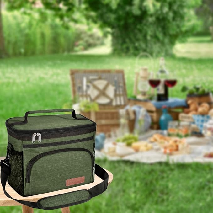 ExtraCharm Insulated Lunch Bag for Women/Men - Reusable Lunch Box for Office Picnic Hiking Beach - Leakproof Cooler Tote Bag Organizer with Adjustable Shoulder Strap for Adults - Green