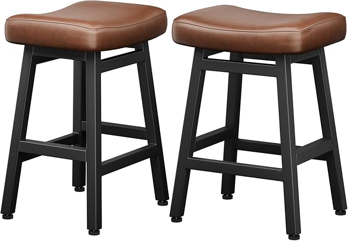 Counter Height Bar Stools Set of 2, 24 Inch Barstools for Kitchen Counter, Kitchen Stools with Bonded Leather Saddle Seats & Heavy Duty Metal Legs, Easy Assembly, Brown/Black