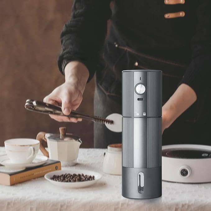 Electric Coffee Grinder Portable Conical Burr Coffee Grinder with 45 Adjustable Settings, Cordless Coffee Burr Grinder for Espresso, Home, Travel, Camping, Office (Silver)