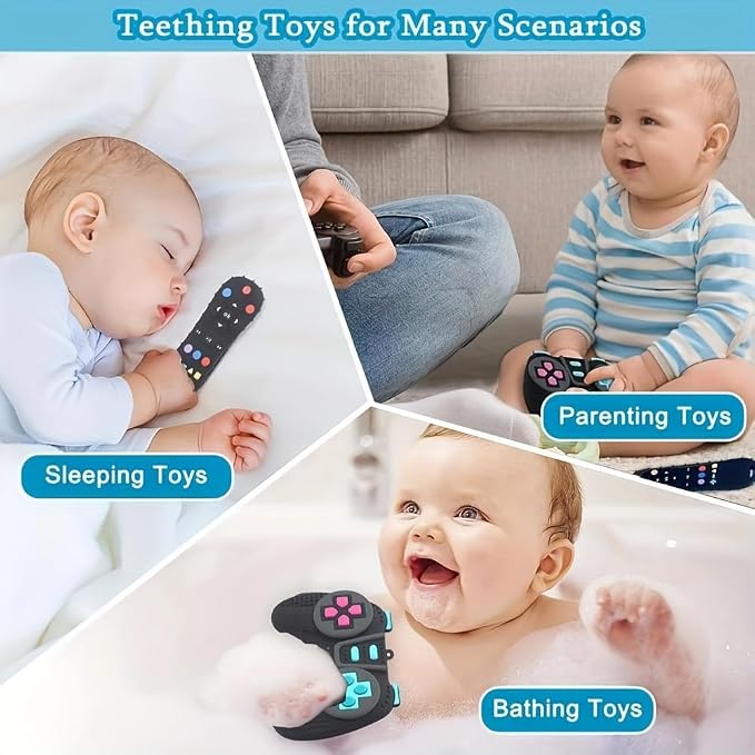 AALFA Baby Teething Toy, Soft TV Remote+Game Machine Shape Chew Set Intellectual Development Intellectual Development Educational Toy,Safe Silicone Toddler Infant (Black (handle+remote control))