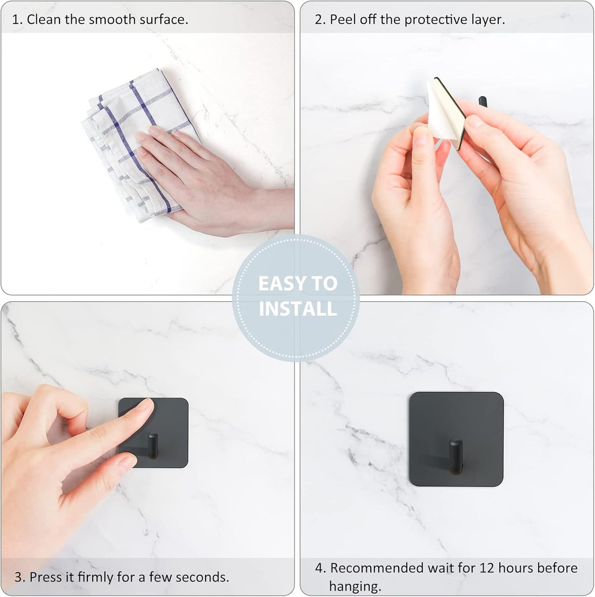 VIS'V Adhesive Hooks, Heavy Duty Shower Wall Stick on Hooks, Waterproof, 2 Extra Adhesive Strips, Black, 4 Pcs