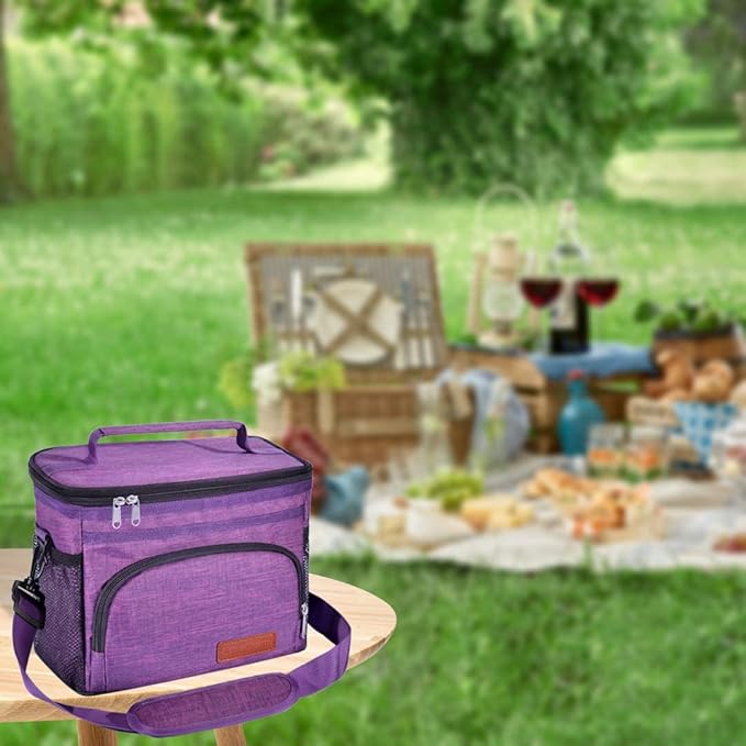 ExtraCharm Insulated Lunch Bag for Women/Men - Reusable Lunch Box for Office Picnic Hiking Beach - Leakproof Cooler Tote Bag Organizer with Adjustable Shoulder Strap for Adults - Purple