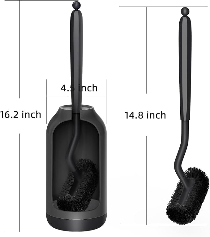 HAMITOR Toilet Bowl Brush Holder Set: Bathroom Deep Cleaning Toilet Cleaner Scrubber Under Rim with Curved Bristle for Dead Corner Clean - Hidden Rv Toilet Decorative Accessories with Caddy- Black