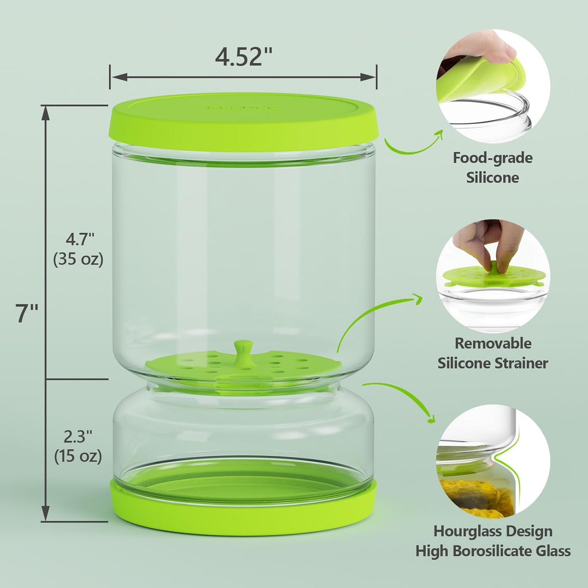 Glass Pickle and Olive Container - 50 OZ Airtight Jar with Strainer for Pickle Lover, Kitchen Organization Must-Have Versatile Food Keeper, BPA Free, Dishwasher Safe (Green Yellow)