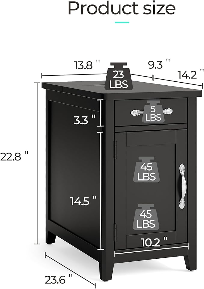 LINSY HOME Farmhouse End Table with Charging Station, Narrow Side Table for Living Room, Sofa Side Table with Drawer and Storage Cabinet, Small Nightstand for Home Office