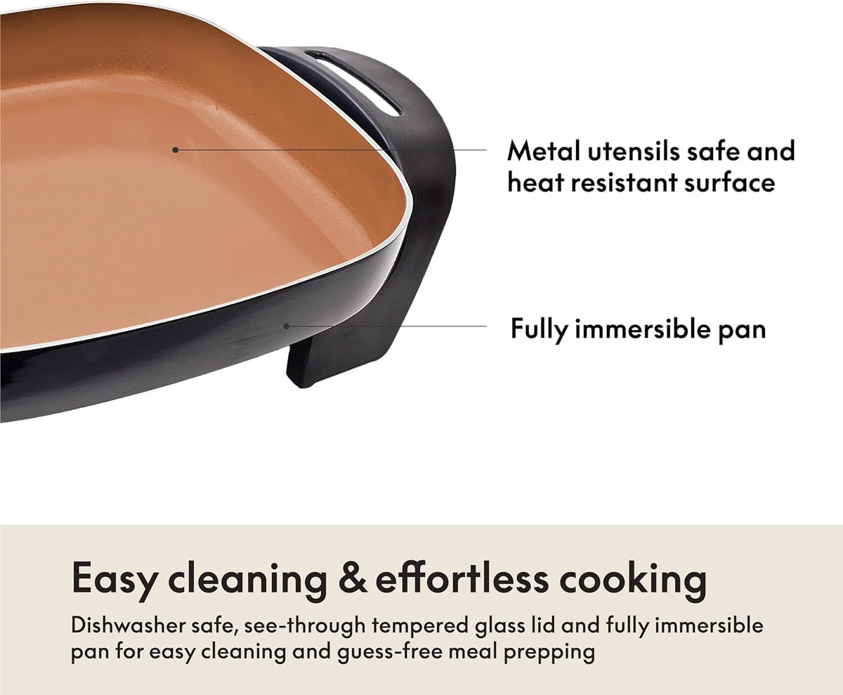 BELLA Electric Skillet and Frying Pan with Glass Lid, Nonstick Coating, Cool Touch Handles, Removable Heating Probe, Dishwasher Safe, 12 x 12 inch, Copper