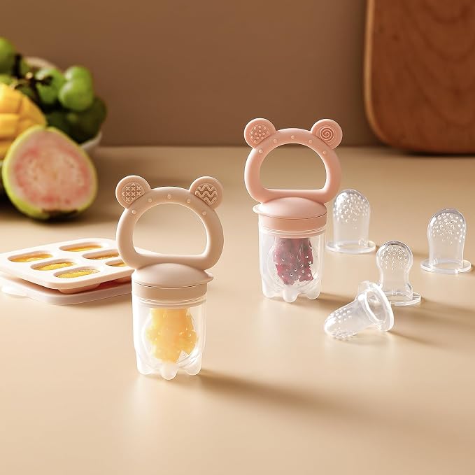 2 Pack Silicone Baby Fruit Feeder with Mini Freezer Tray, Breastmilk Popsicle Molds for Baby Teething Relief, Fresh Food Feeder for Safe Infant Self Feeding, Extra Food Pouches - Pink