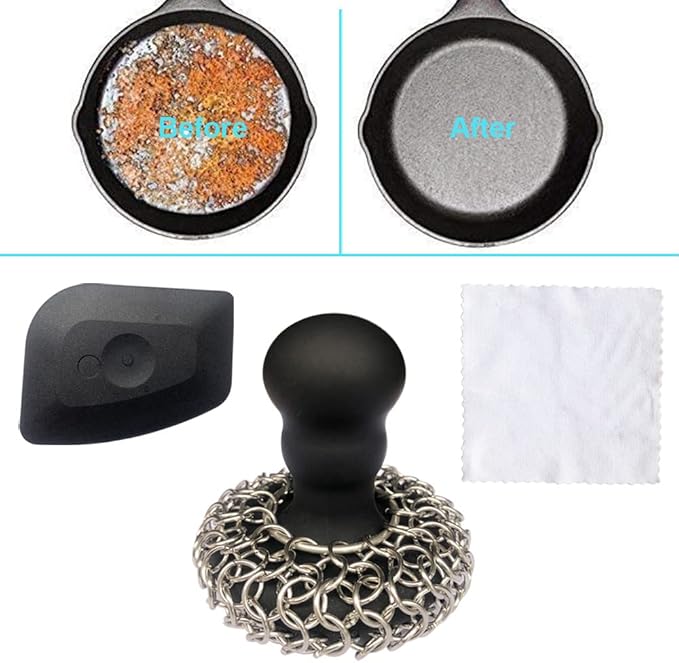 316 Upgraded Chainmail Scrubber with Silicone Handle Cast Iron Cleaner for Cast Iron Grill Pan Skillet Wok Bakeware Ergonomic to Hold Easy to Use Dishwasher Safe, Scrubber + Scraper + Towel (Black)