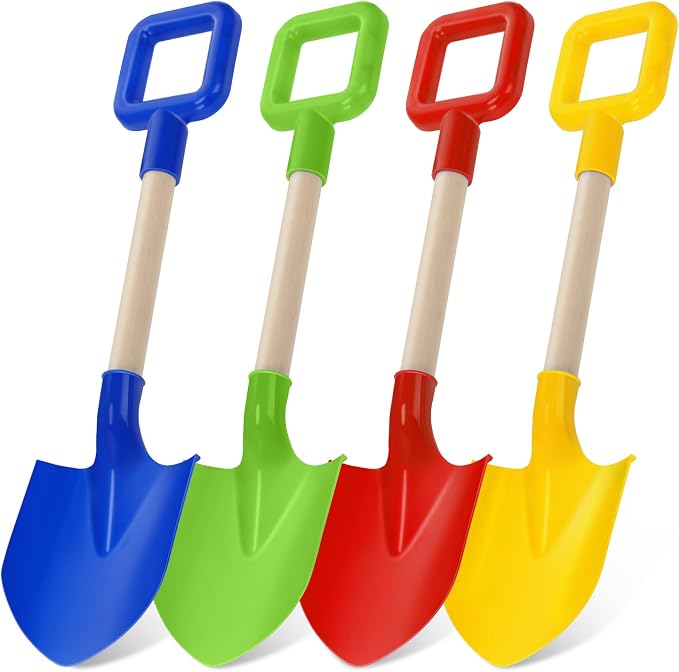 Honoson 4 Pack 16 Long Beach Spades Sand Shovels Toys Gardening Tools Sets Sandbox Sturdy Scoop Durable Wood Handle ABS Plastic Spade for Garden Sand Snow Backyard Summer Favors (Bright Color)