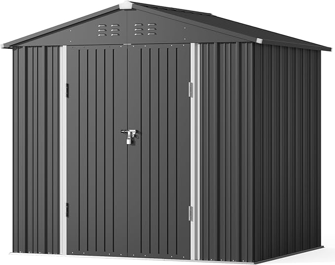 Gizoon Outdoor Storage Shed 8 x 6 FT, Galvanized Metal Garden Shed with Double Lockable Doors, Outdoor Storage Clearance for Backyard Patio Lawn-Dark Grey