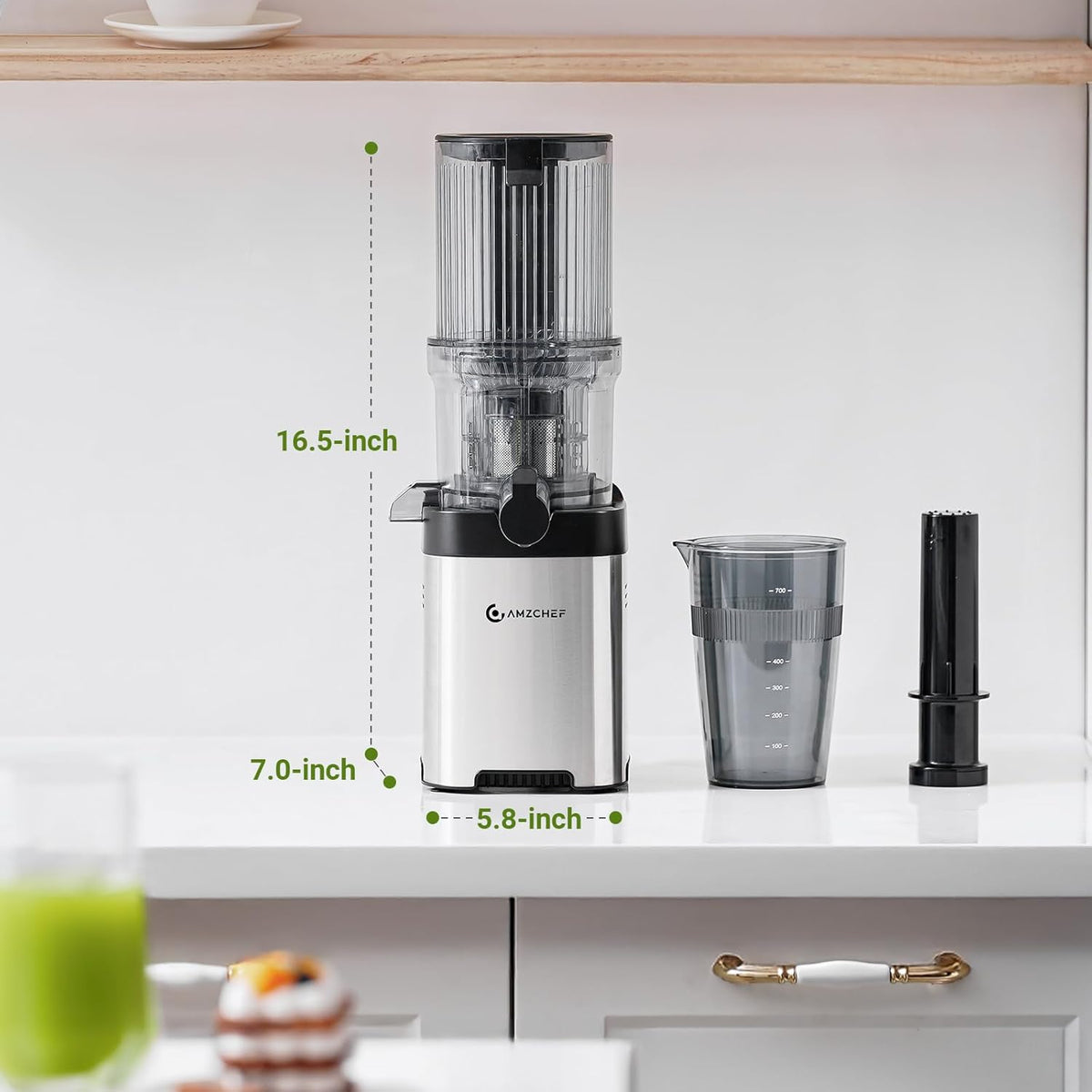 AMZCHEF Cold Press Juicer, Juicer Machines - 4.6" Large Feed Chute for Whole Fruits & Vegetables, Stainless Steel Slow Masticating Juicer Easy to Clean, Large Auger, Double Strainers, Silver