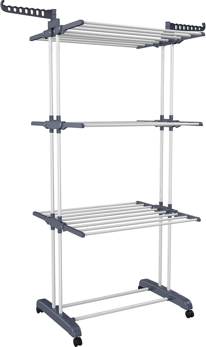 HOMIDEC Clothes Drying Rack, Oversized 4-Tier(67.7" High) Foldable Stainless Steel Drying Rack Clothing, Movable Drying Rack with 4 castors, 24 Drying Poles and 14 Hooks for Bed Linen, Clothing, Grey
