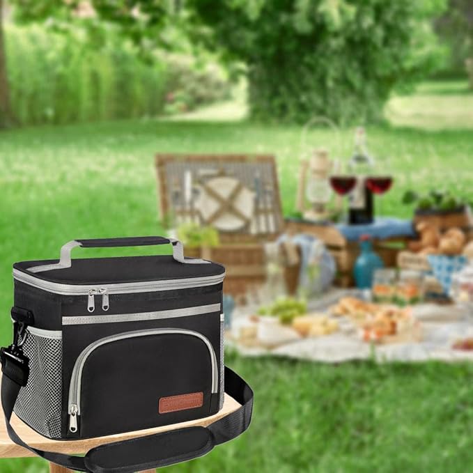 ExtraCharm Insulated Lunch Bag for Women/Men - Reusable Lunch Box for Office Picnic Hiking Beach - Leakproof Cooler Tote Bag Organizer with Adjustable Shoulder Strap for Adults-Black grey