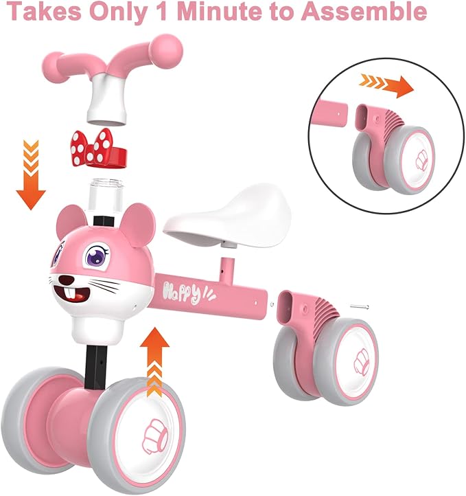 YGJT Baby Balance Bike for 1 + Year Old Boy and Girl, Indoor Outdoor Non-Pedal Baby Walker Toys for 10-36 Months Toddlers, Silent Wheels, 1st Birthday Gift, Kids First Bike Pink Mouse