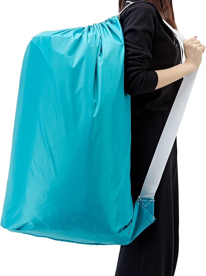 HOMEST XL Nylon Laundry Bag with Strap, Large Dirty Garments Organizer, Easy Fit a Hamper or Clothing Basket, Can Carry Up to 4 Loads of Clothes, Sky Blue