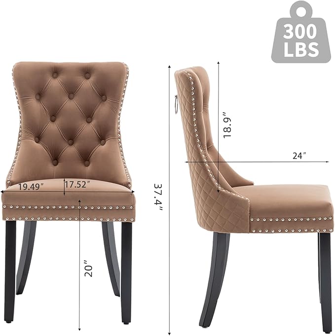 Velvet Dining Chairs Set of 2, Upholstered Dining Room Chairs with Nailhead Trim, Sillas de Comedor Modernas 2, Wooden Kitchen Chairs for Dining Room, Living Room, Kitchen, Bedroom, Brown