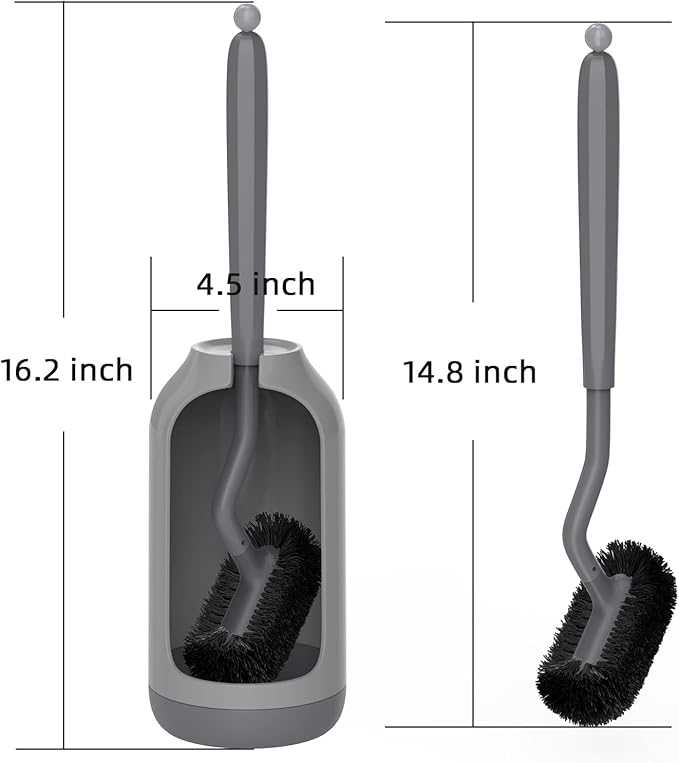 HAMITOR Toilet Bowl Brush Holder Set: Bathroom Deep Cleaning Toilet Cleaner Scrubber Under Rim with Curved Bristle for Dead Corner Clean - Hidden Rv Toilet Decorative Accessories with Caddy- Gray