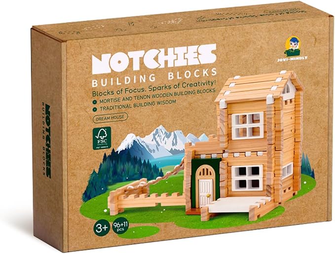 Jovi-mindly&Notchies Building Blocks Set Wooden Blocks Toys (107 pcs) with Storage Bag, Educational Classic Wooden Blocks for Toddlers Ages 3+ Boys and Girls Aged Birthday Gift (with Printed Manual)