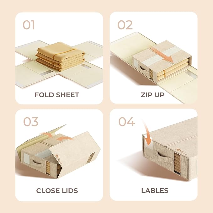 12Pack Sheet Organizers and Storage - King/Queen Size Sheet Storage Organizer with Window, Foldable & Dustproof Sheet Organizer for Linen Closet for Summer Blankets & Sheet Sets,Beige