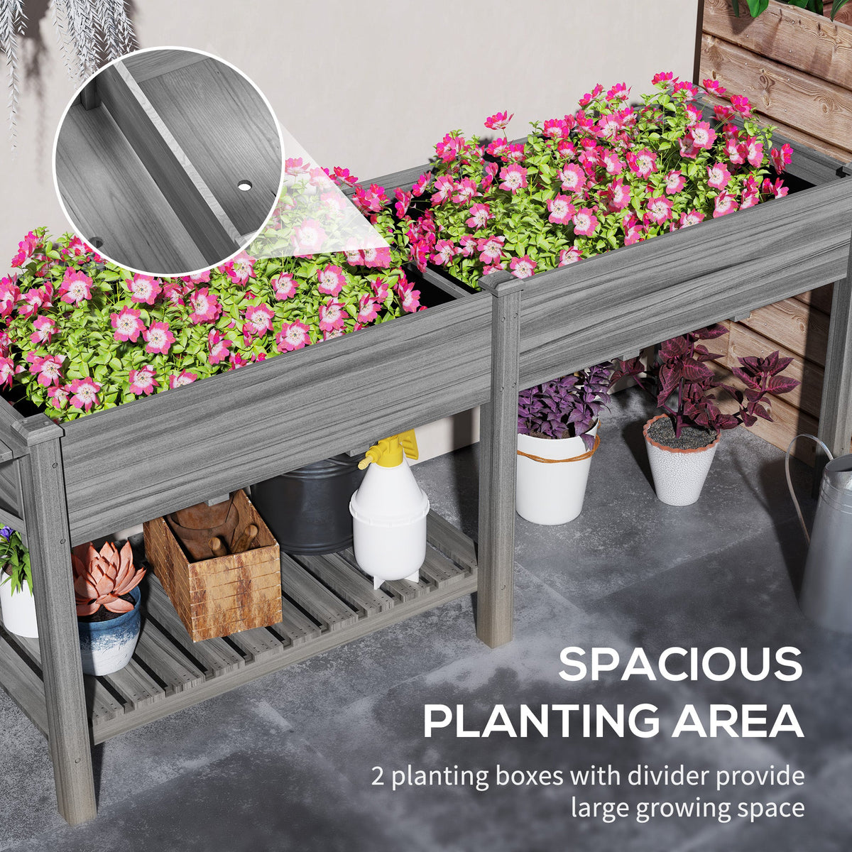 Wood Raised Garden Box, Elevated Garden Bed with Side Table, Bottom Shelf, Bed Liners and Drainage Holes, Gray