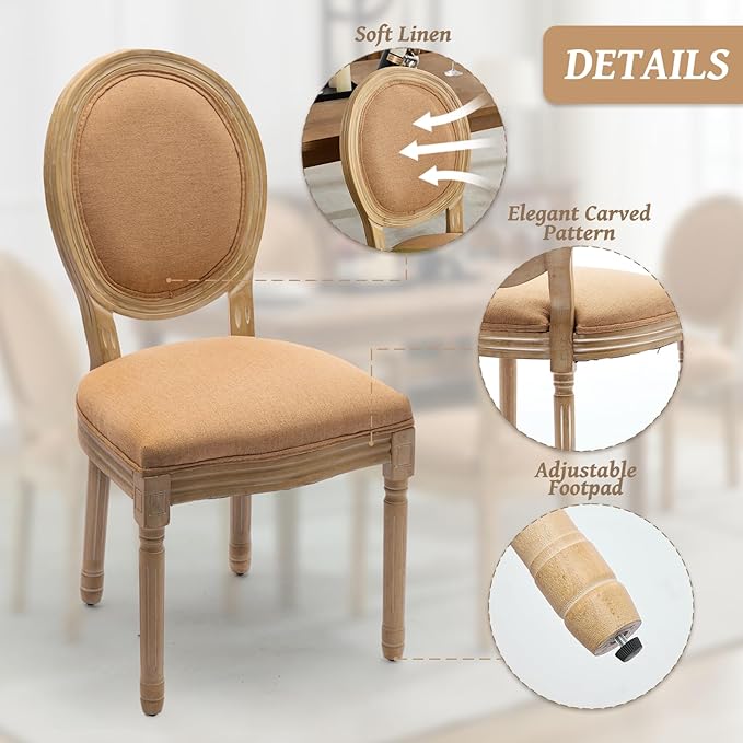 French Country Dining Chairs Set of 6,Farmhouse Upholstered Dining Room Chairs with Round Back and Solid Leg,Fabric Kitchen Side Chairs for Kitchen/Bedroom/Dining Room,Tan