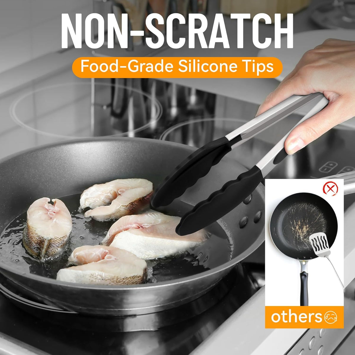 Hotec Silicone Kitchen Tongs for Cooking 9-Inch Serving Tongs with Silicone Tips, Set of 3 (Black)