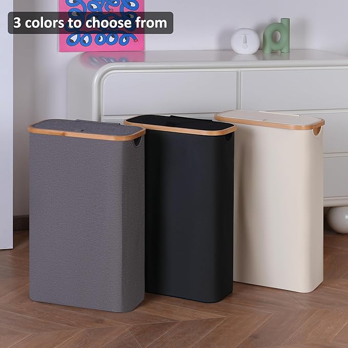 Slim Laundry Basket,60L Laundry Hamper with Lid, Tall Hamper for Laundry,Dirty Cloth Hamper with Bamboo Handle for Toys,Towels, Clothes Organizing,Grey