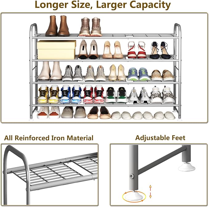 LINZINAR Shoe Rack 4 Tier Storage Organizer for Closet Entryway Metal Grey