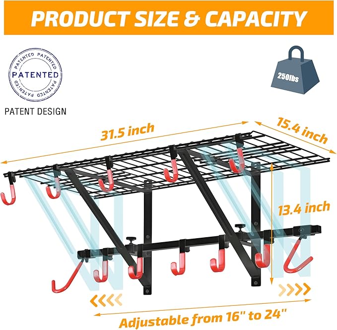 PLKOW Garage Wall Shelving 4-Pack Includes Bike Hooks, Sturdy Adjustable Garage Shelving Wall Mount Wall Organizer (Black, 4-Pack)