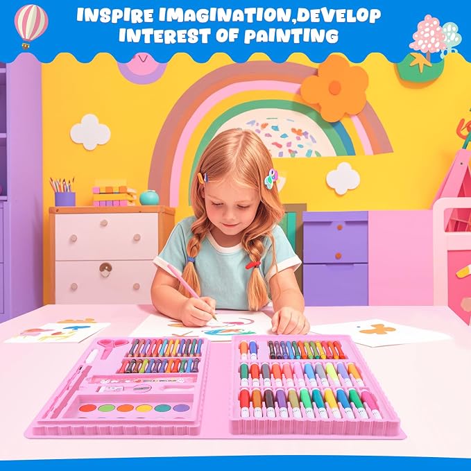 homicozy Art Supplies, Unicorn Drawing & Coloring Set with Crayons, Colored Pencils, Markers, Sketchbook, Watercolor Cakes, Stencils, Arts and Crafts Painting Kit for Kids Ages 4-10, Girls Boys Gift