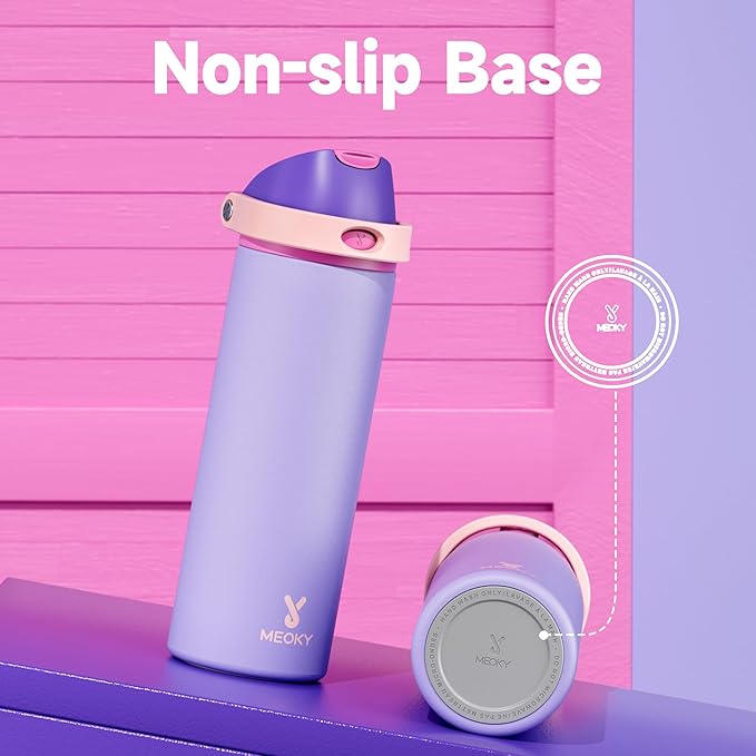 24 oz Insulated Water Bottle for Women: Meoky Stainless Steel Metal Water Bottle with 2-in-1 Straw and Spout Lid - Leak Proof, Cold for 24 Hours, Protective Silicone Base, BPA-Free for School, Orchid